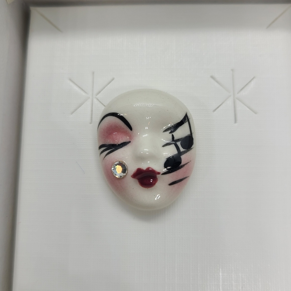 Vintage Fancy Faces Brooch Pin Handpainted Porcelain Mask Music Note Rhinestone